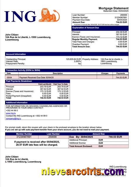 Luxembourg ING Luxembourg mortgage statement Word and PDF template